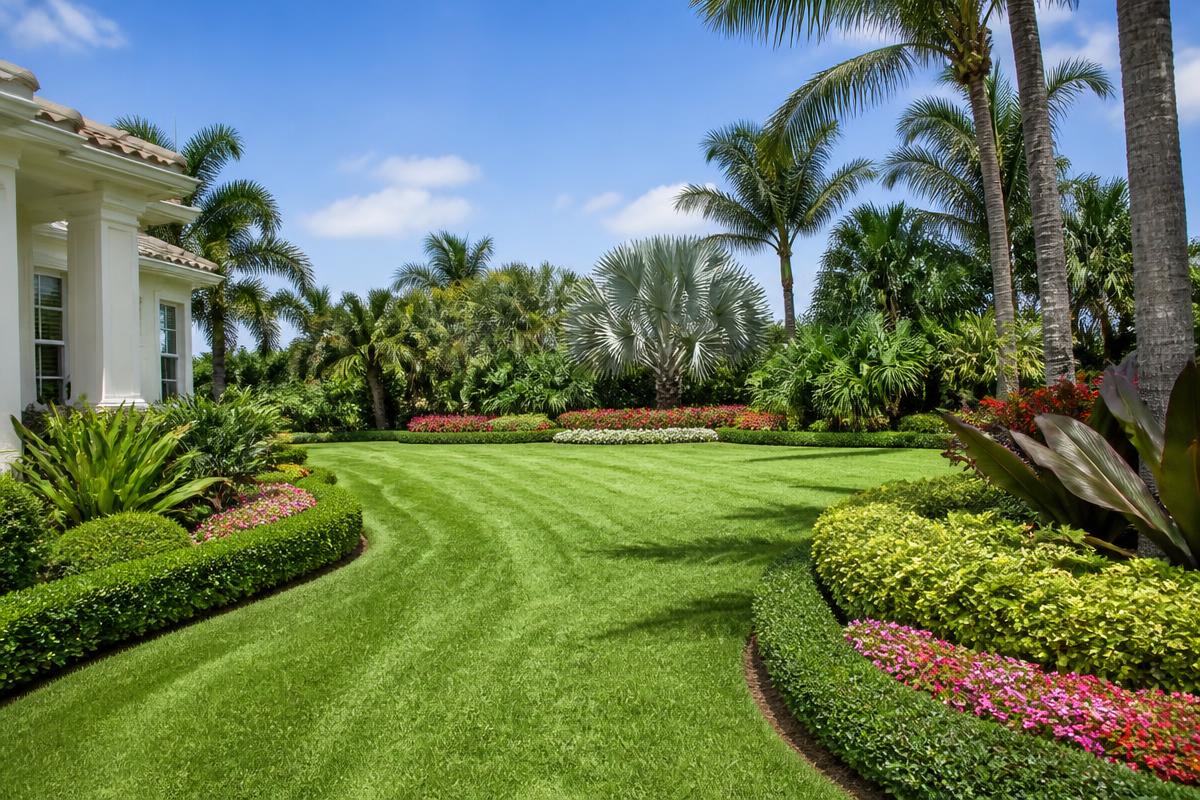 Beautifully maintained Florida garden with tropical plants and green lawn
